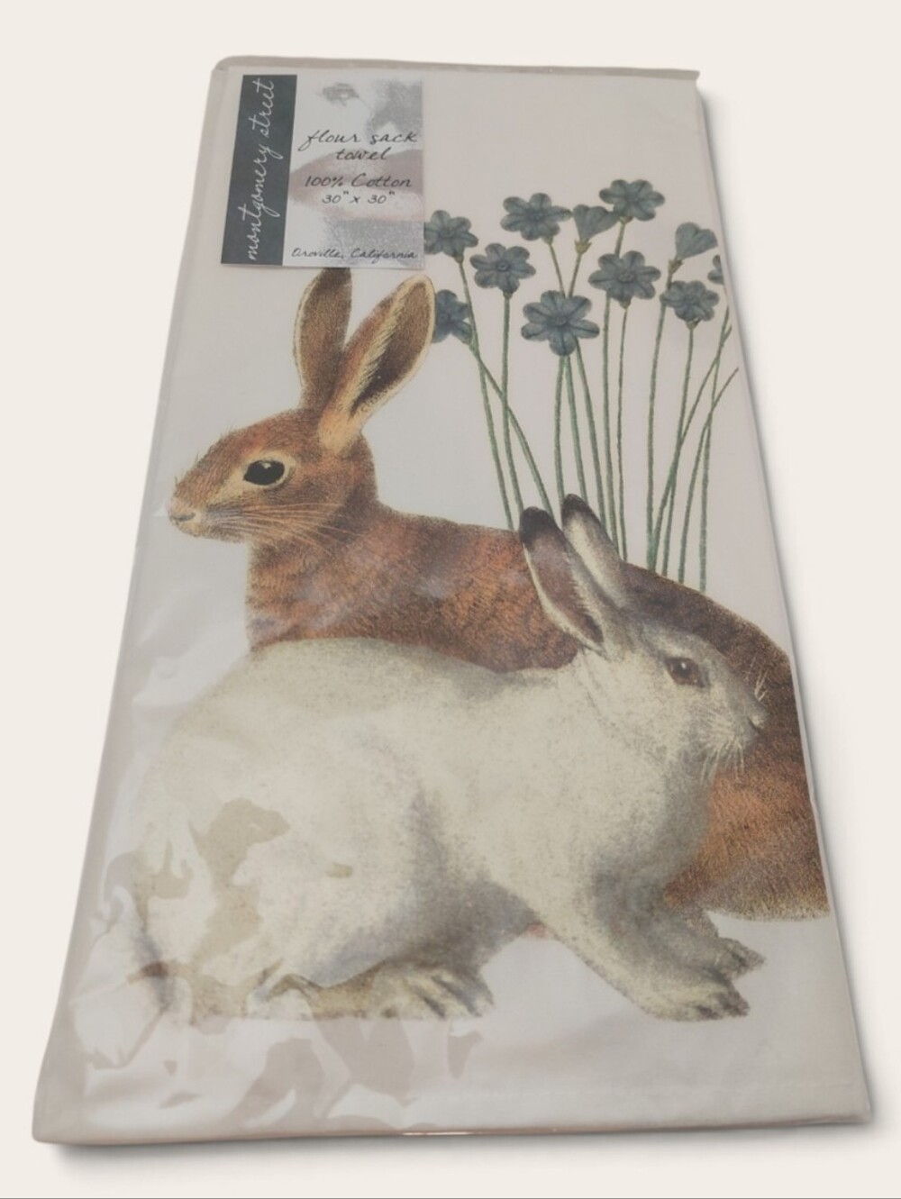 NEW Flour Sack Cotton Towel Bunny Print White Floral Rabbit Baking Giftable